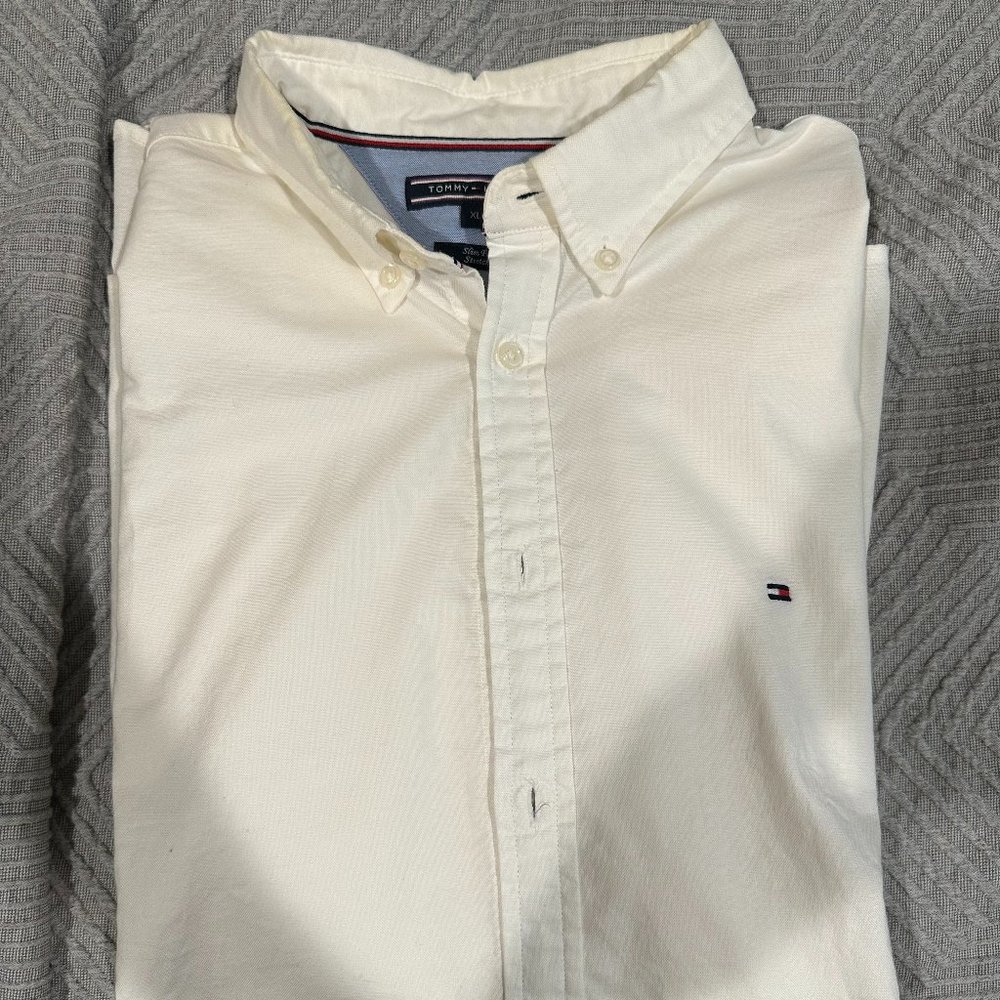 Tommy Hilfiger White Cotton Button Down Shirt XL Slim Fit Stretch